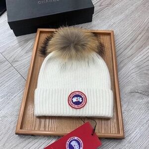Canada Goose Cream Knit Hat with Fur Pom-Pom